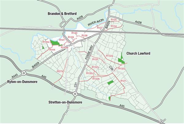 Map of footpaths in Wolston